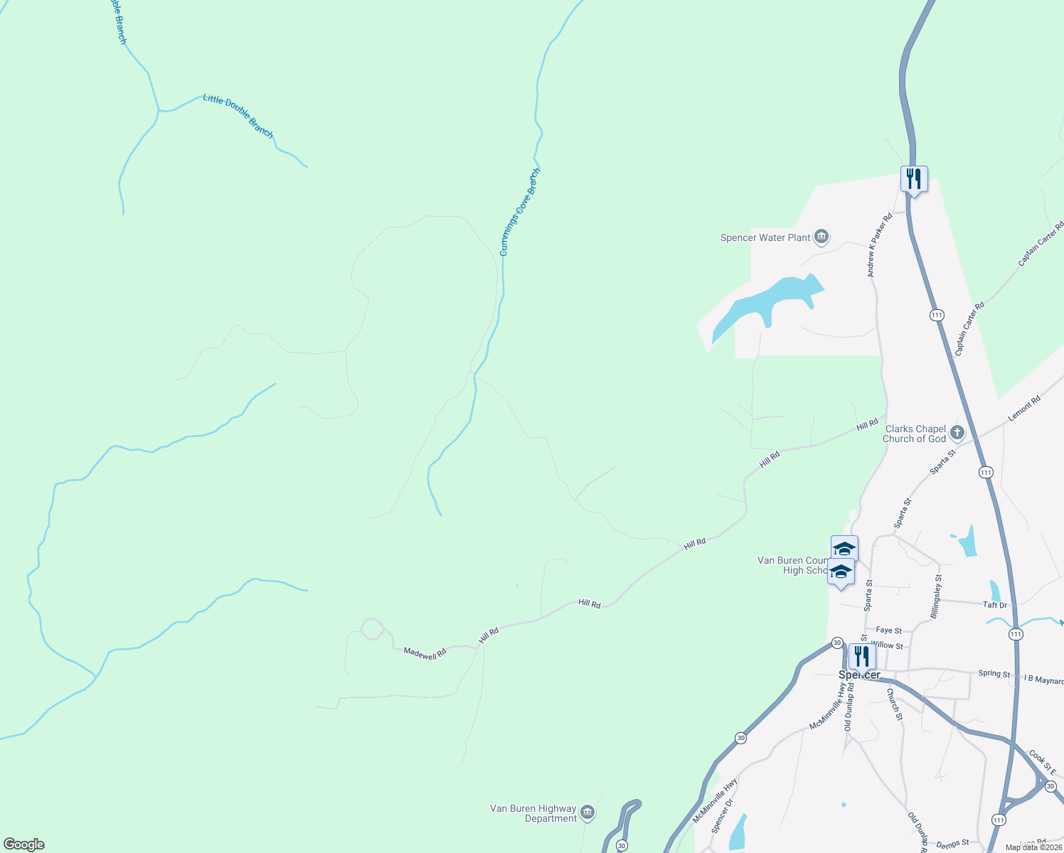 map of restaurants, bars, coffee shops, grocery stores, and more near in Spencer