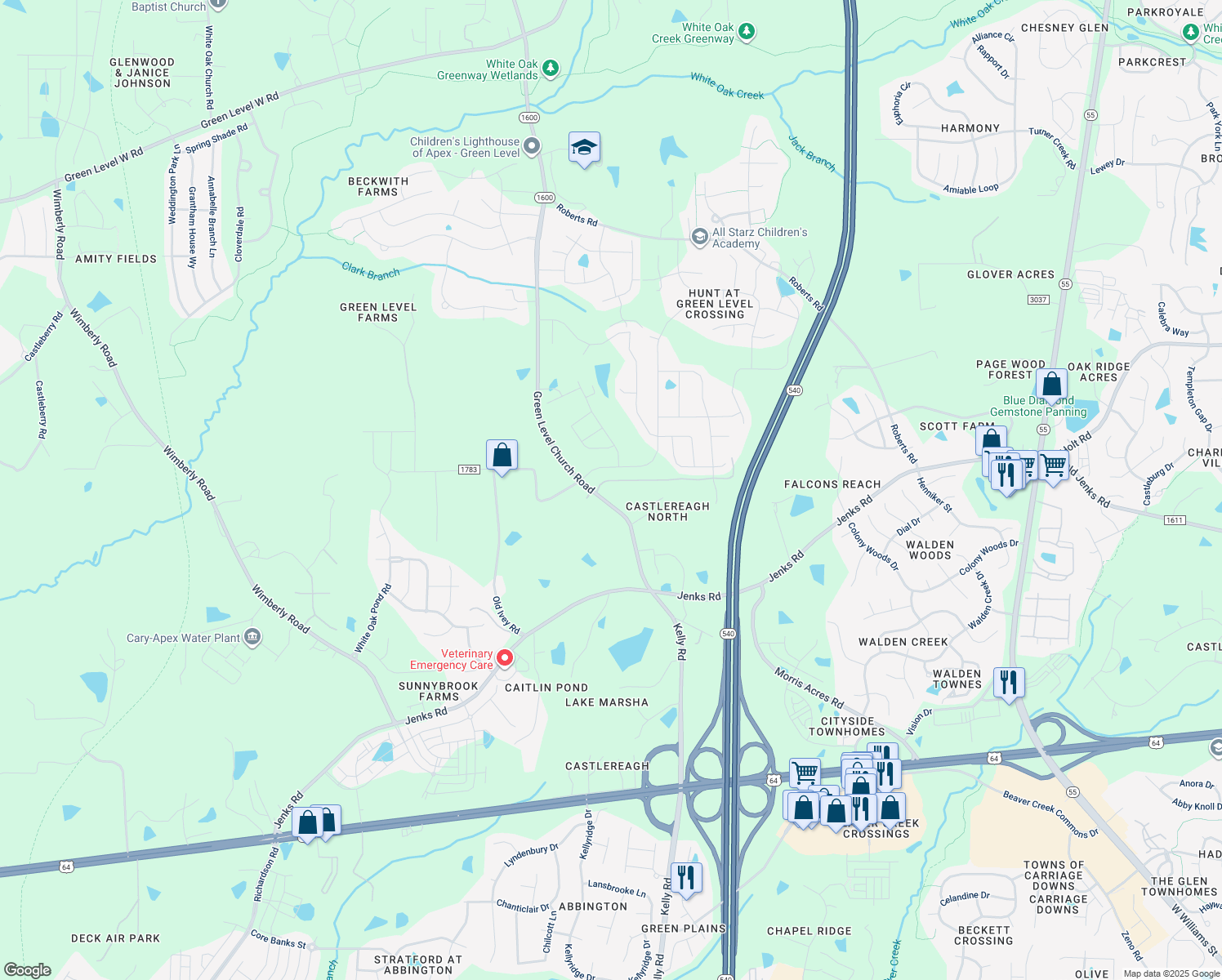 map of restaurants, bars, coffee shops, grocery stores, and more near 7612 Green Level Church Road in Apex