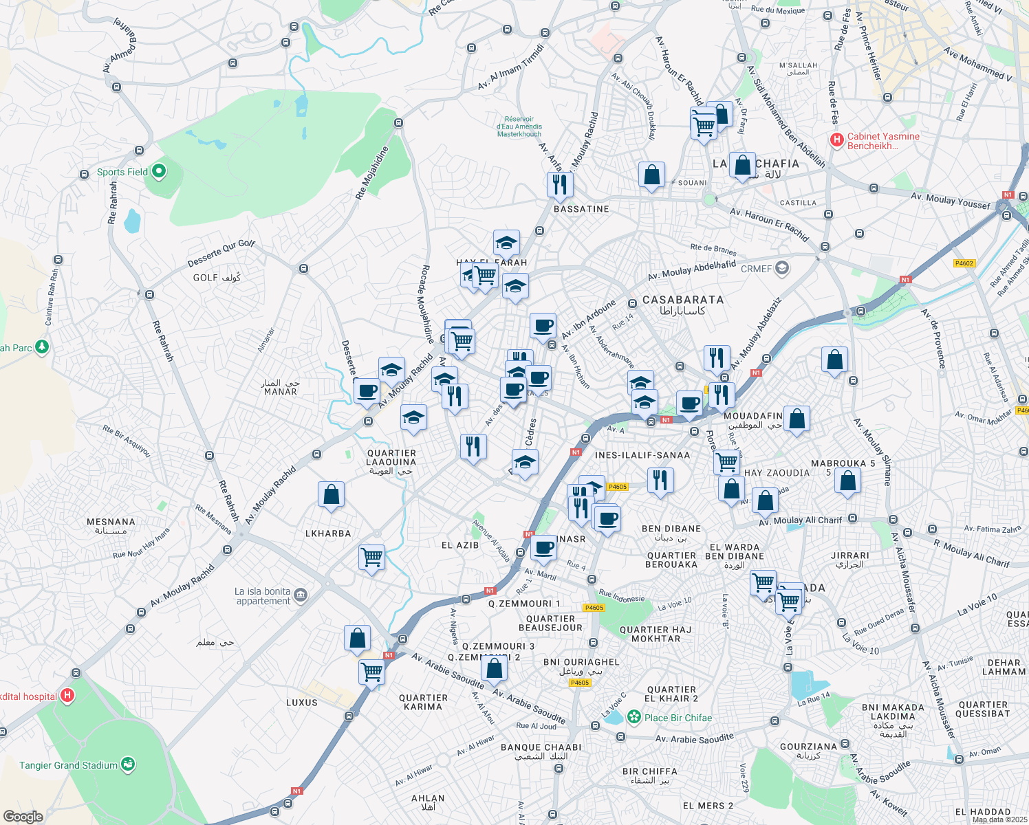 map of restaurants, bars, coffee shops, grocery stores, and more near in Tanger