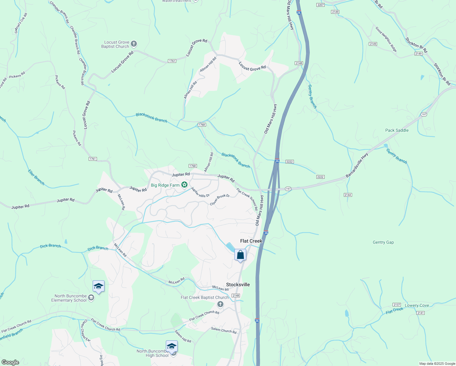 map of restaurants, bars, coffee shops, grocery stores, and more near 76 Jupiter Road in Weaverville