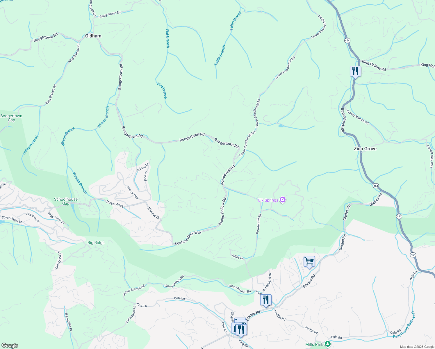 map of restaurants, bars, coffee shops, grocery stores, and more near 4316 Blue Bird Lane in Gatlinburg