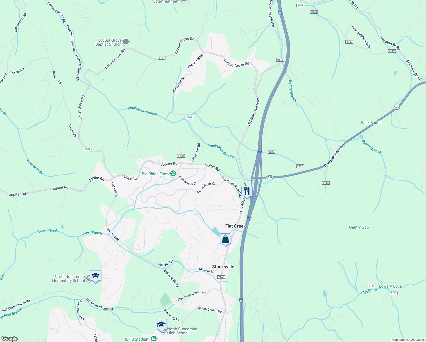 map of restaurants, bars, coffee shops, grocery stores, and more near 76 Jupiter Road in Weaverville
