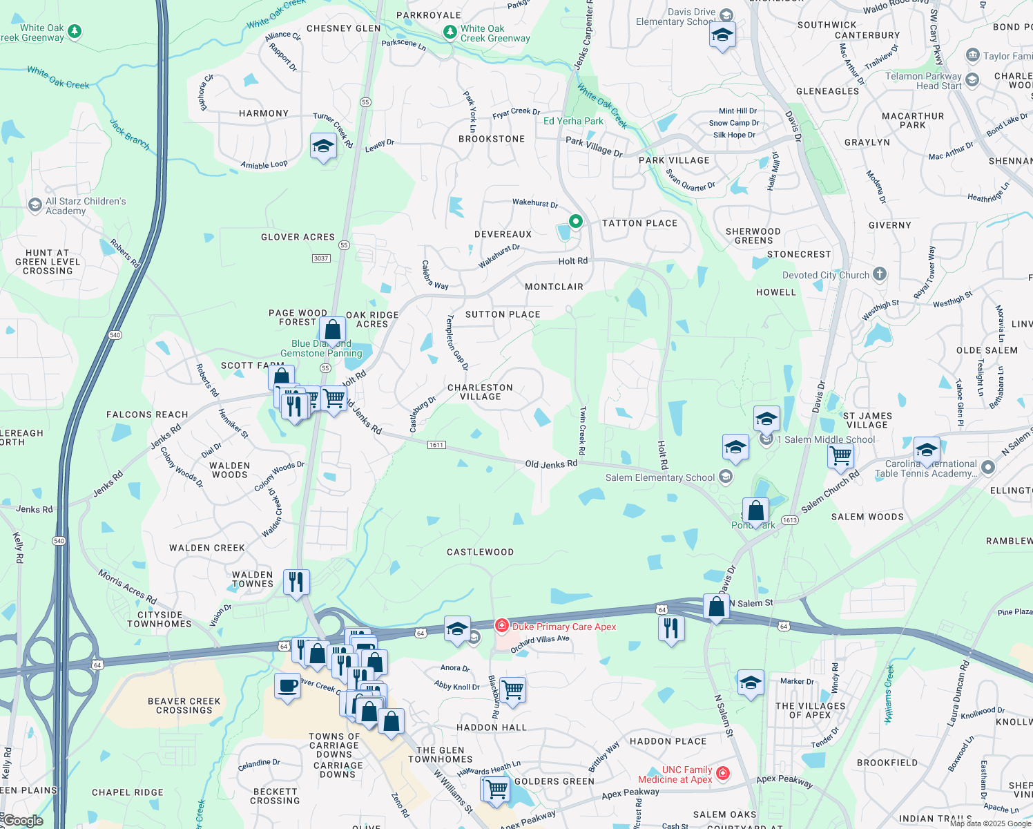 map of restaurants, bars, coffee shops, grocery stores, and more near 2106 Castleburg Drive in Apex