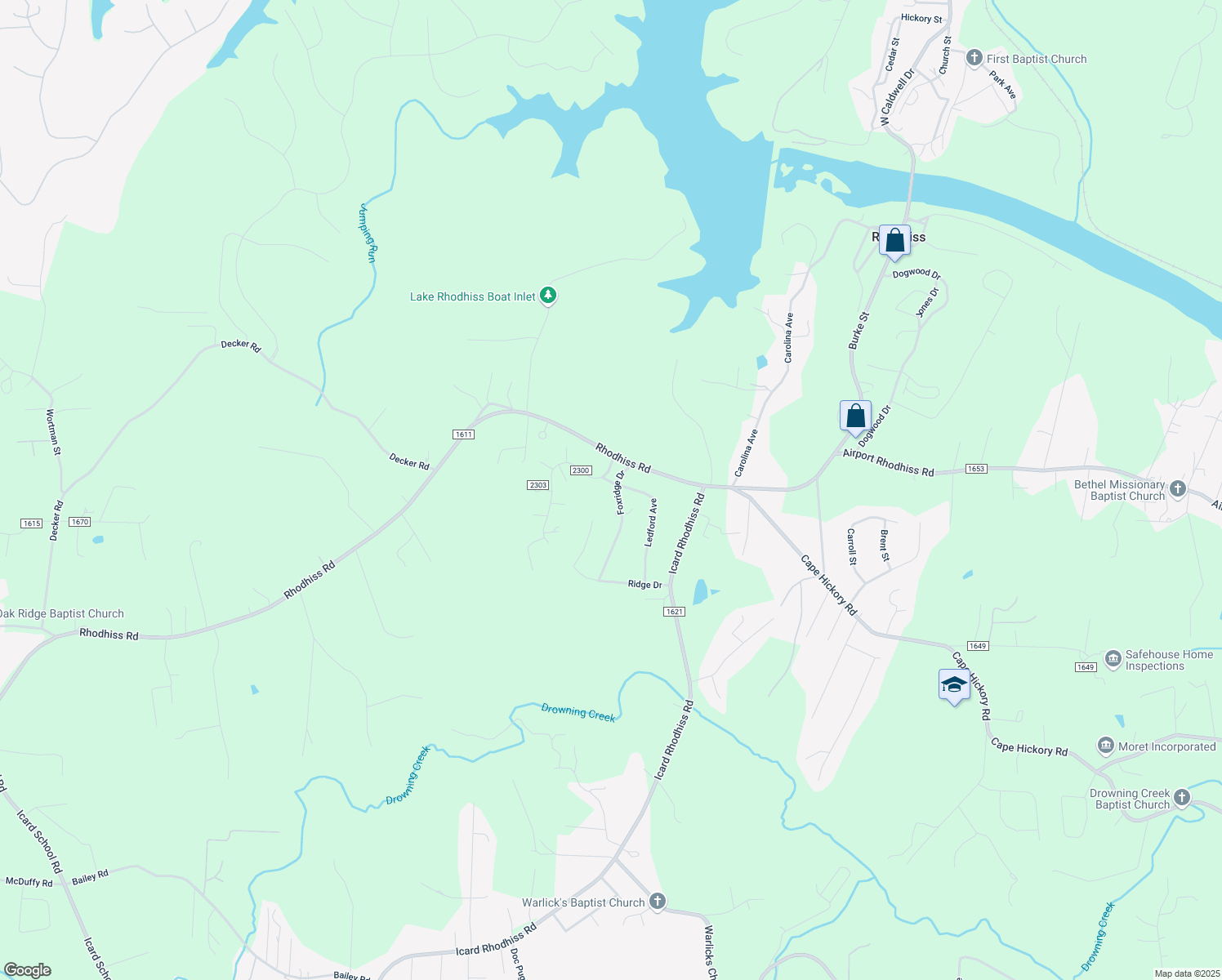 map of restaurants, bars, coffee shops, grocery stores, and more near 1968 Foxridge Drive in Connelly Springs