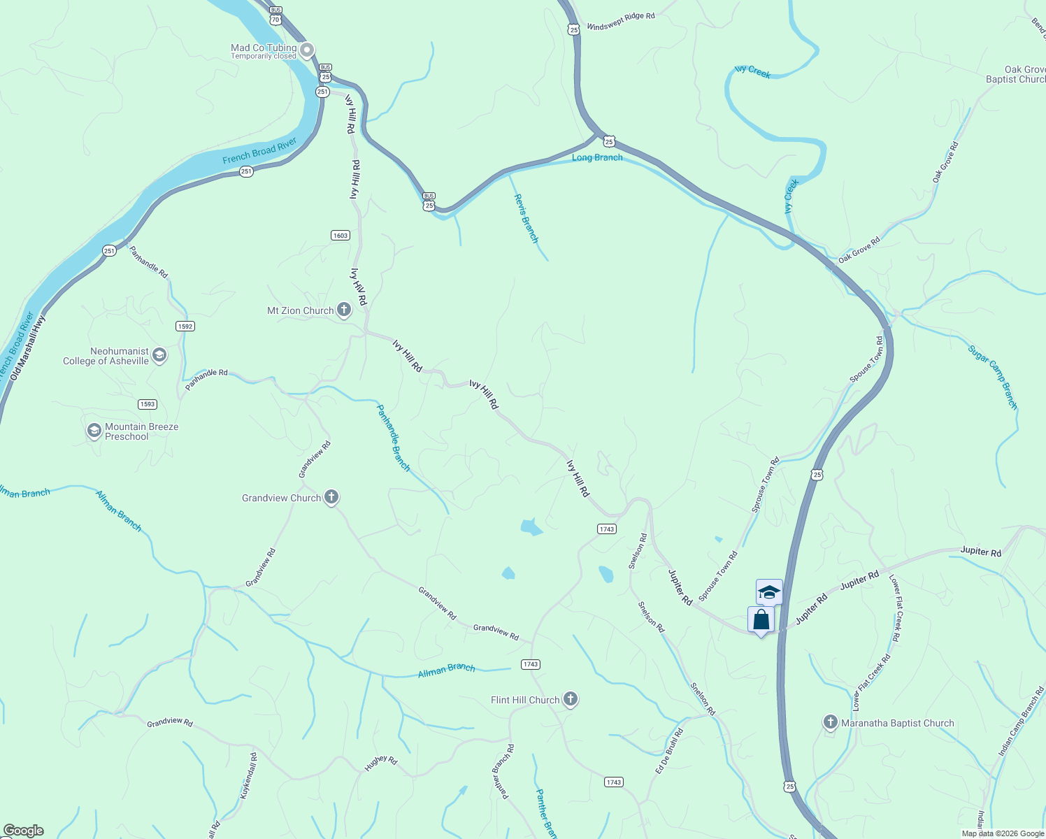 map of restaurants, bars, coffee shops, grocery stores, and more near 1645 Ivy Hill Road in Marshall