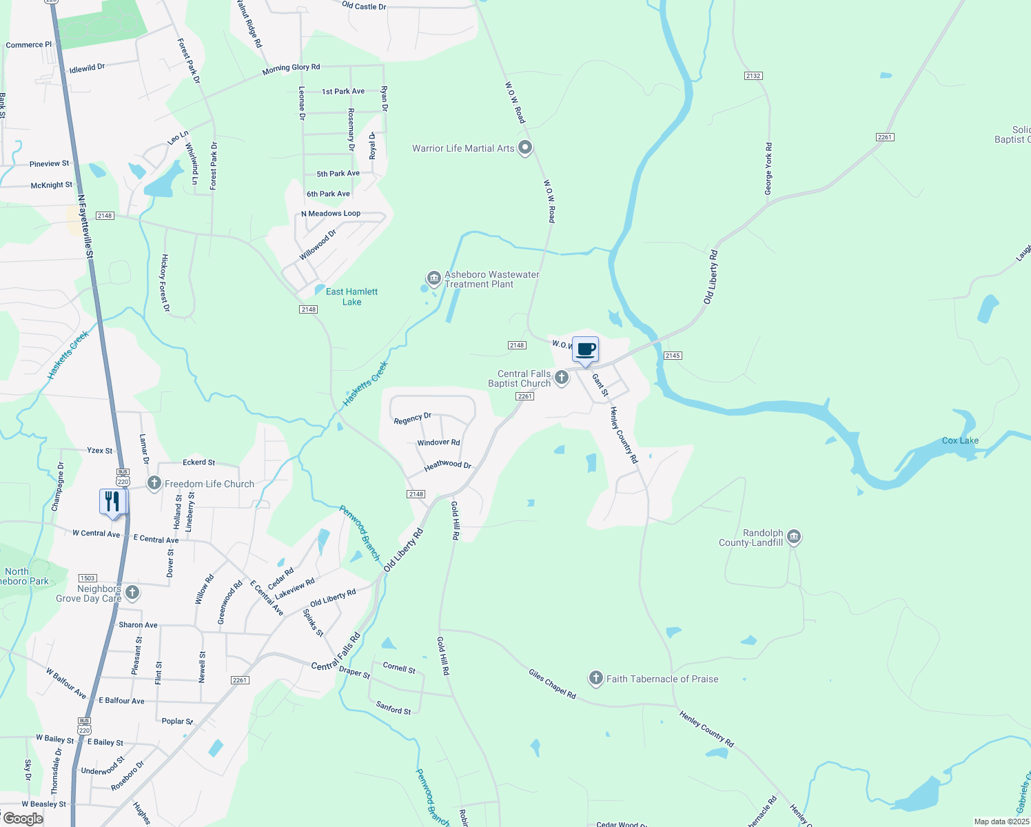 map of restaurants, bars, coffee shops, grocery stores, and more near 1306 Old Liberty Road in Asheboro