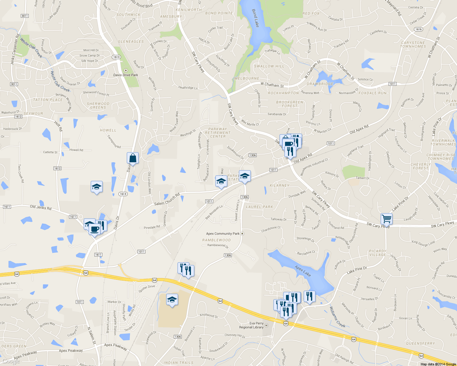 map of restaurants, bars, coffee shops, grocery stores, and more near 2201 Candun Drive in Apex