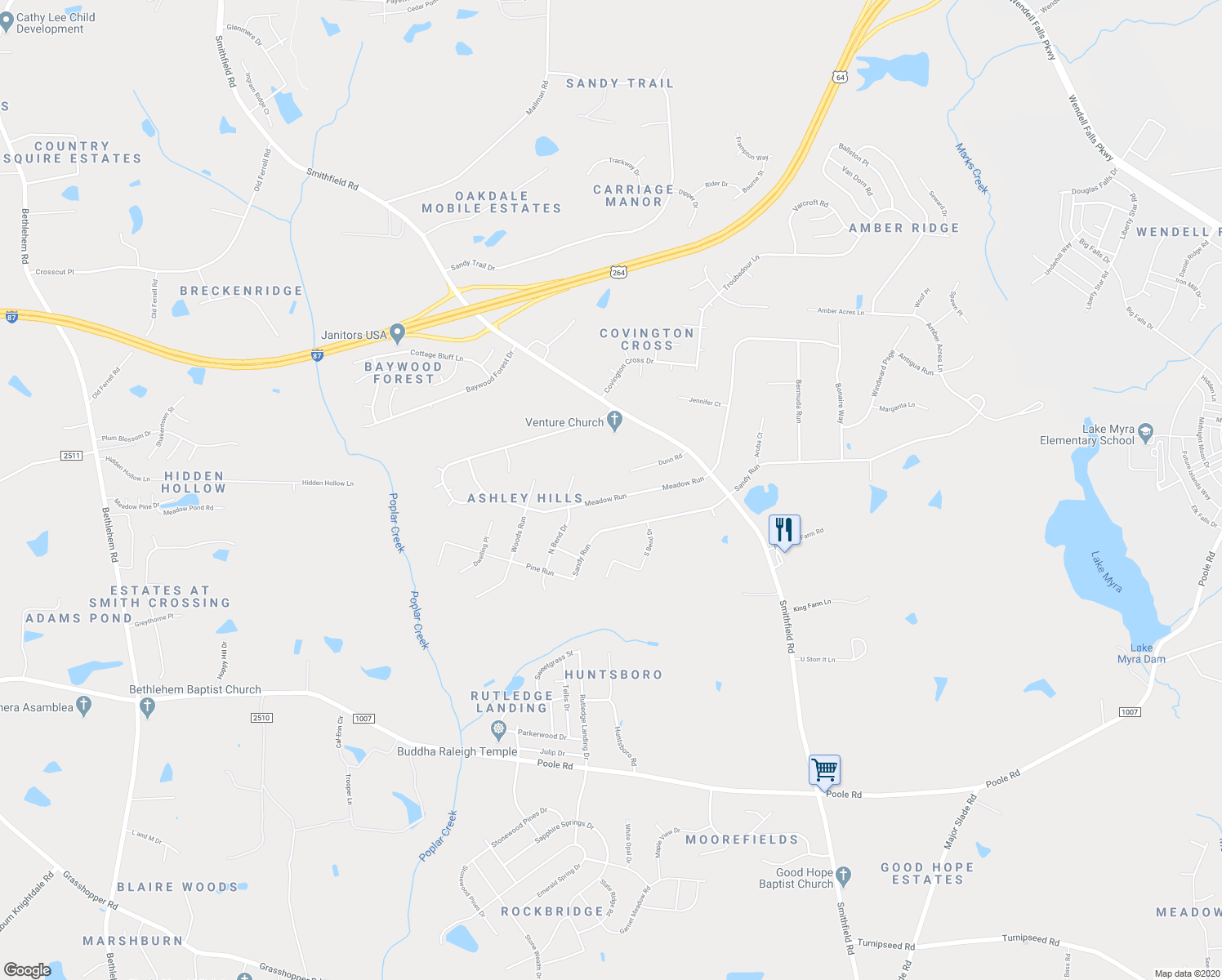 map of restaurants, bars, coffee shops, grocery stores, and more near 118 Meadow Run in Knightdale