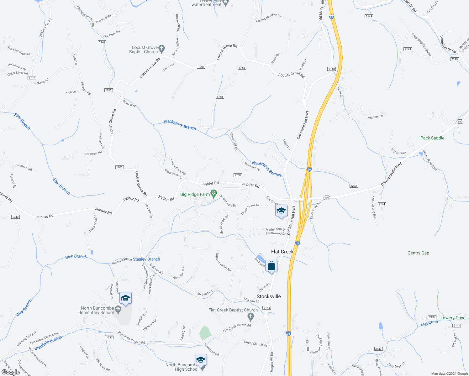 map of restaurants, bars, coffee shops, grocery stores, and more near 28 Woods Crossing Way in Weaverville