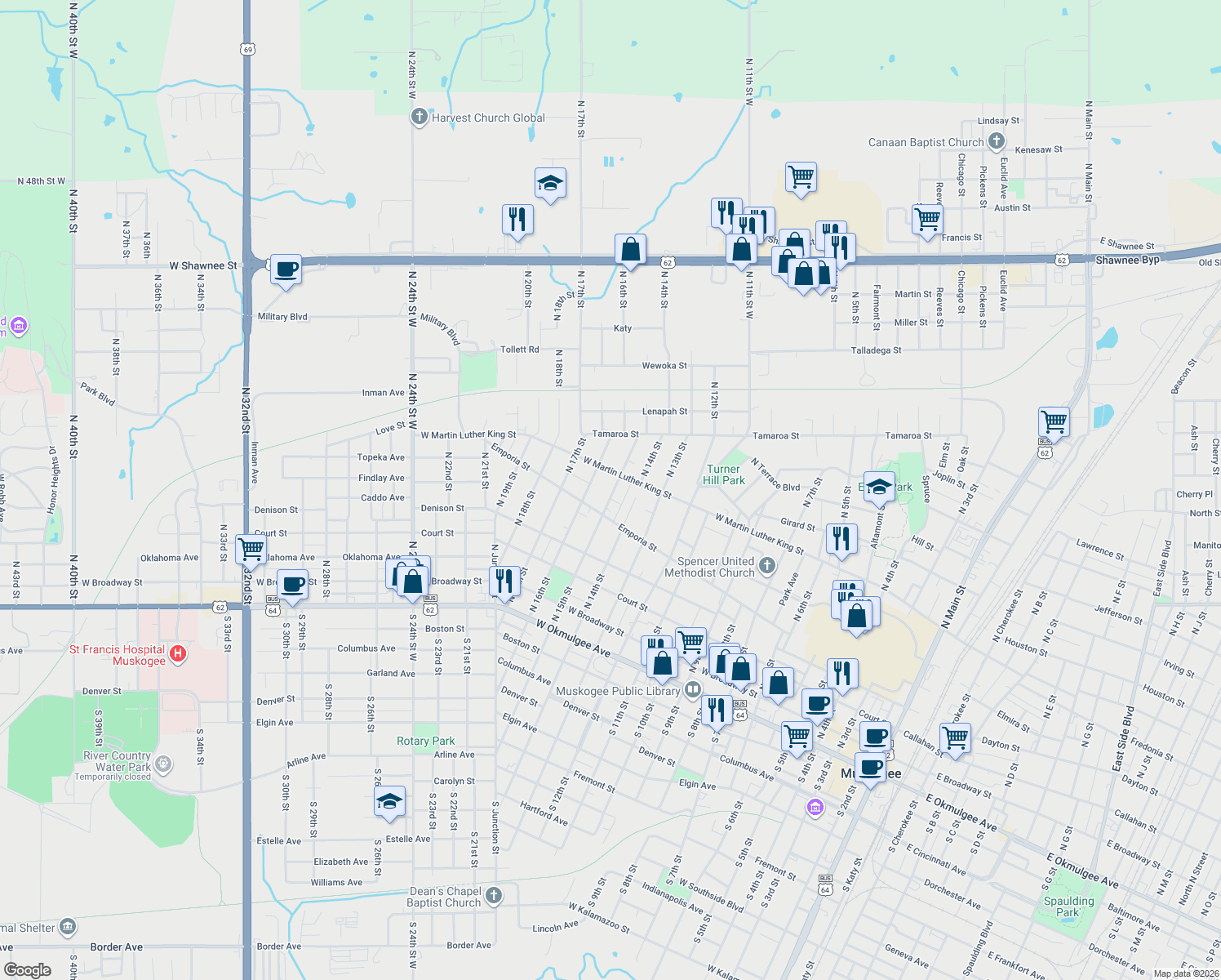 map of restaurants, bars, coffee shops, grocery stores, and more near 557 North 15th Street in Muskogee