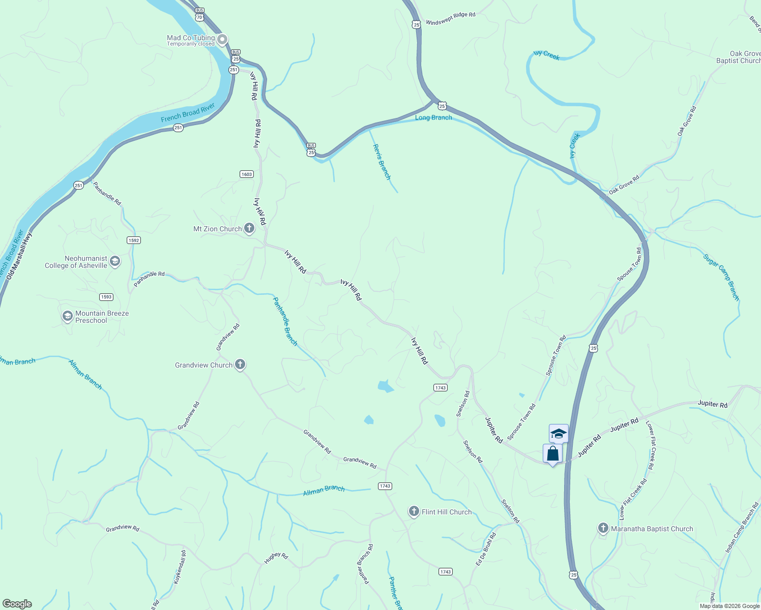 map of restaurants, bars, coffee shops, grocery stores, and more near 1645 Ivy Hill Road in Marshall
