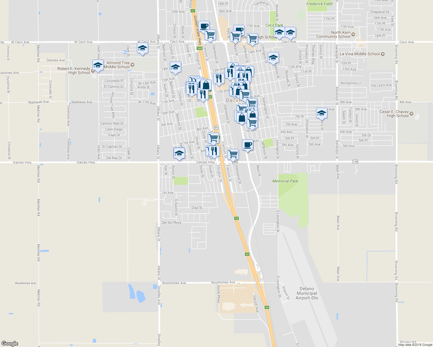 map of restaurants, bars, coffee shops, grocery stores, and more near 309 Ellington Street in Delano