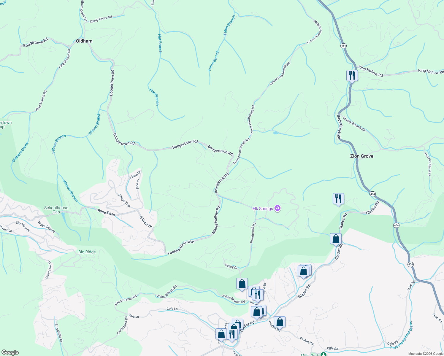map of restaurants, bars, coffee shops, grocery stores, and more near 4316 Blue Bird Lane in Gatlinburg