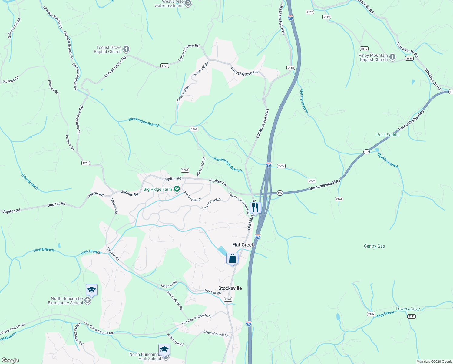 map of restaurants, bars, coffee shops, grocery stores, and more near 61 Jupiter Road in Weaverville