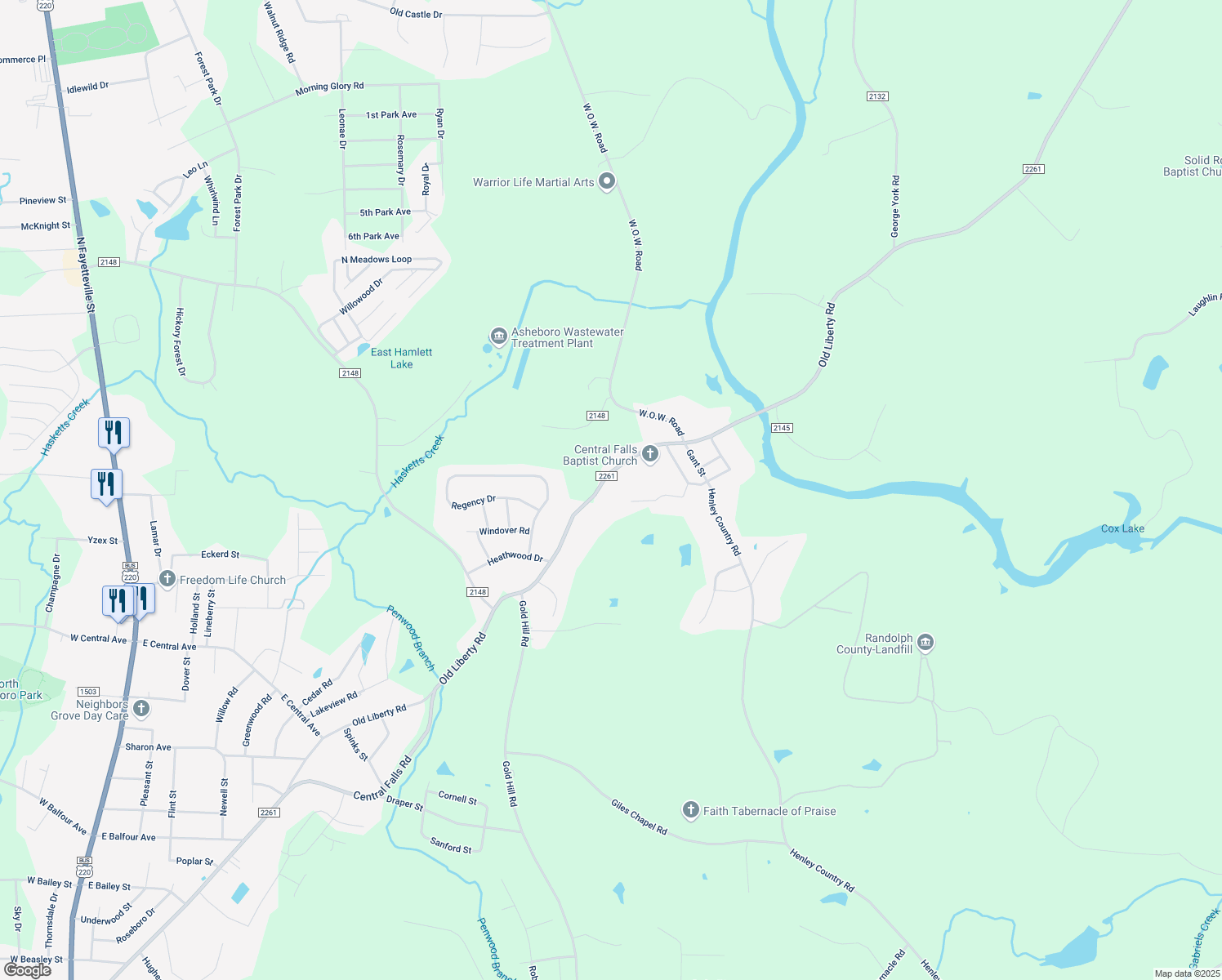 map of restaurants, bars, coffee shops, grocery stores, and more near 1306 Old Liberty Road in Asheboro