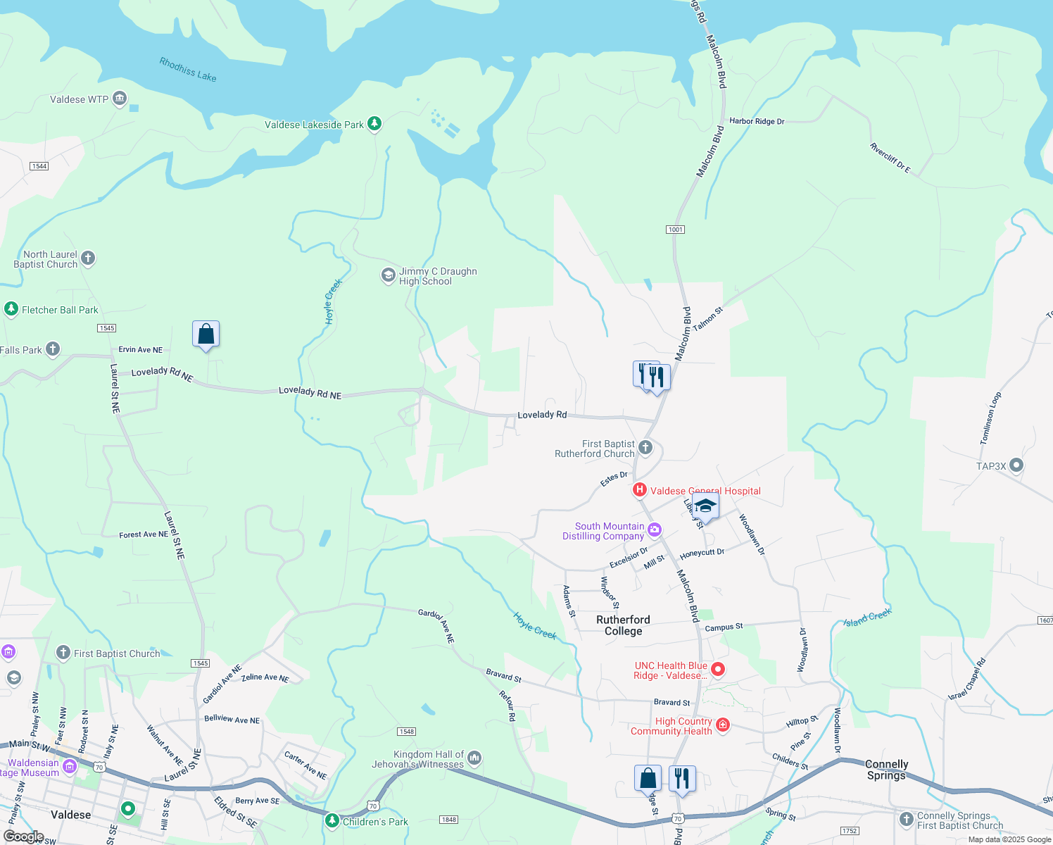 map of restaurants, bars, coffee shops, grocery stores, and more near 241 Lovelady Rd in Connelly Springs
