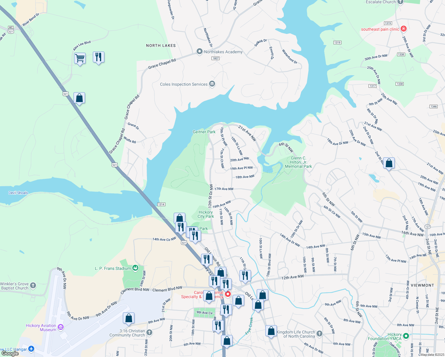 map of restaurants, bars, coffee shops, grocery stores, and more near 1745 10th St Ct NW in Hickory
