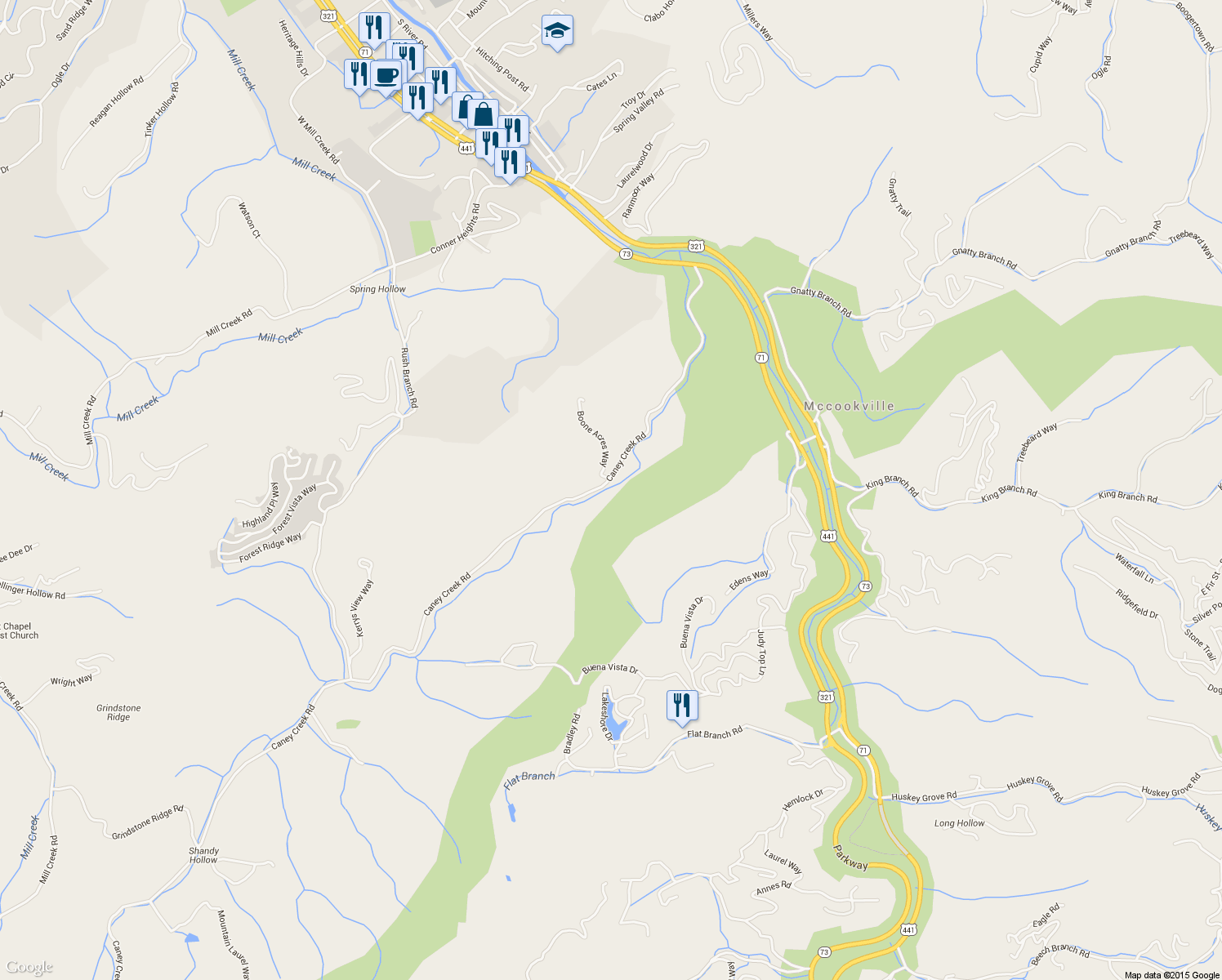 map of restaurants, bars, coffee shops, grocery stores, and more near 331 Caney Creek Road in Pigeon Forge
