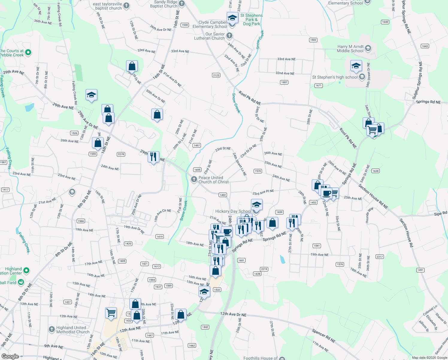map of restaurants, bars, coffee shops, grocery stores, and more near 2371 23rd Ave Dr NE in Hickory