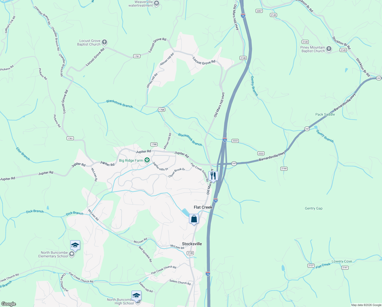 map of restaurants, bars, coffee shops, grocery stores, and more near 61 Jupiter Road in Weaverville
