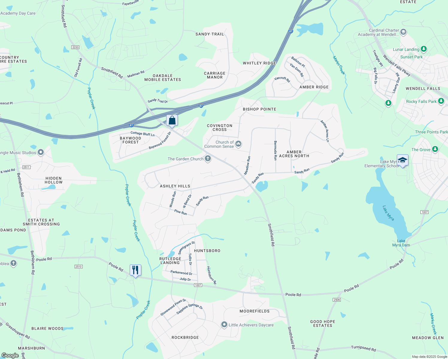 map of restaurants, bars, coffee shops, grocery stores, and more near 108 Meadow Run in Knightdale
