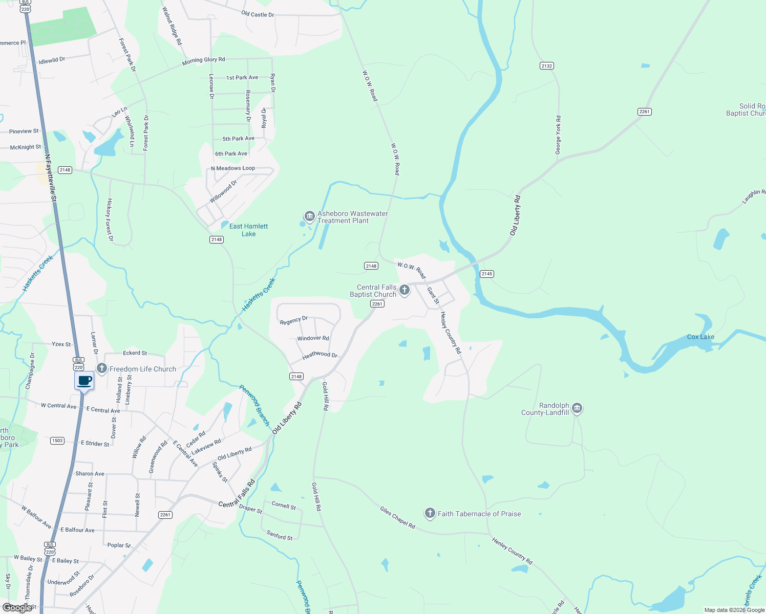 map of restaurants, bars, coffee shops, grocery stores, and more near 1332 Pennsylvania Avenue in Asheboro