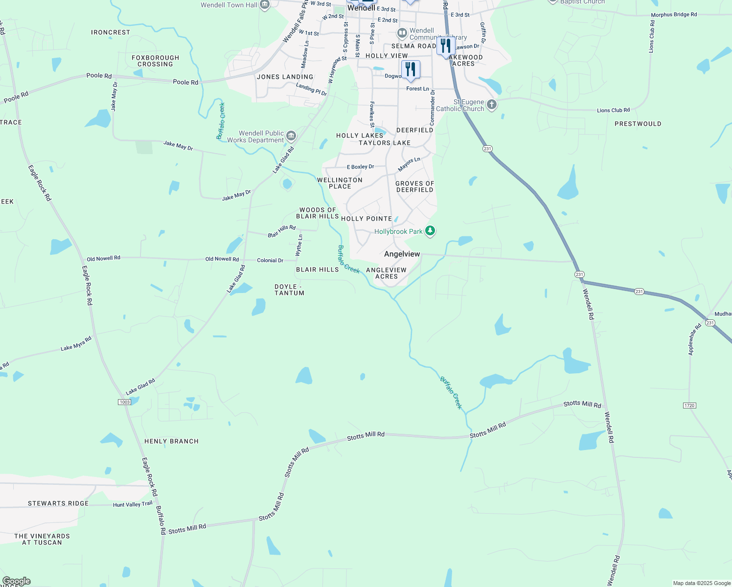 map of restaurants, bars, coffee shops, grocery stores, and more near 200 Wythe Lane in Wendell