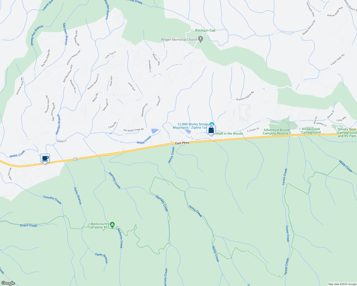 map of restaurants, bars, coffee shops, grocery stores, and more near Highway 321 in Gatlinburg