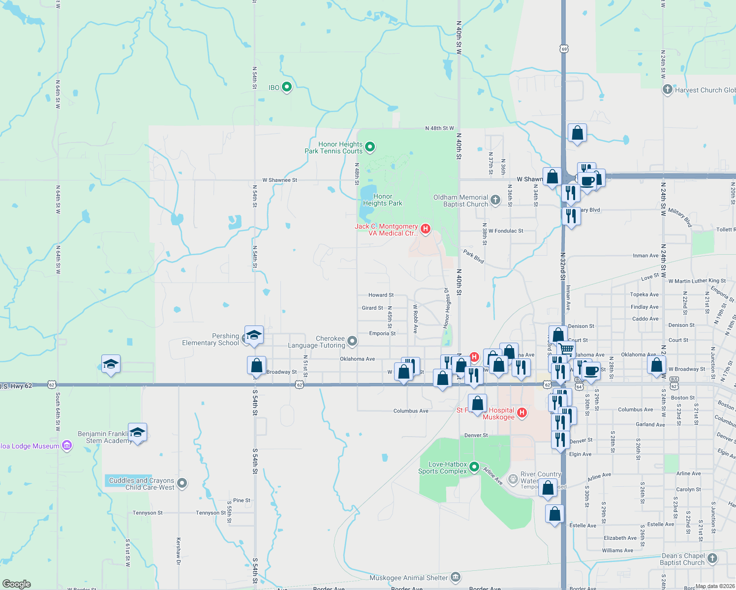 map of restaurants, bars, coffee shops, grocery stores, and more near 4700 Howard Street in Muskogee