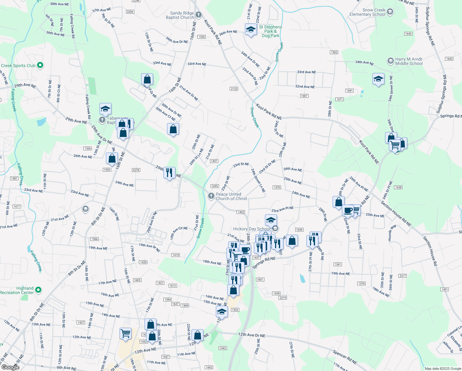 map of restaurants, bars, coffee shops, grocery stores, and more near 2309 24th Ave NE in Hickory