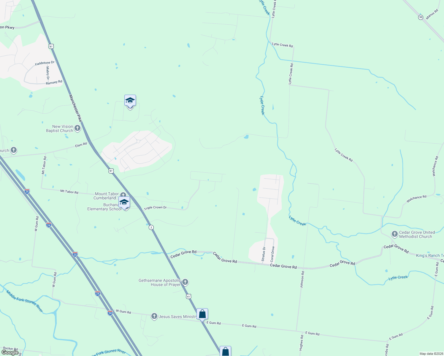 map of restaurants, bars, coffee shops, grocery stores, and more near 4424 Thoroughbred Lane in Murfreesboro