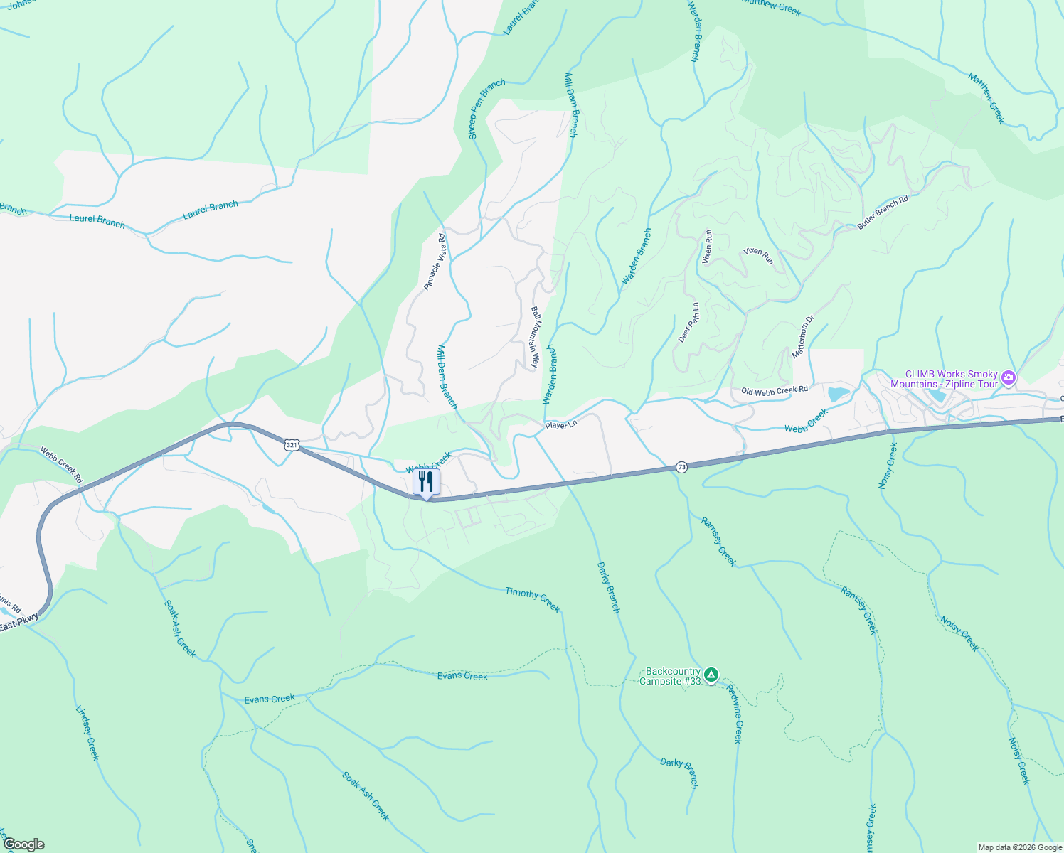 map of restaurants, bars, coffee shops, grocery stores, and more near 224 Player Lane in Gatlinburg