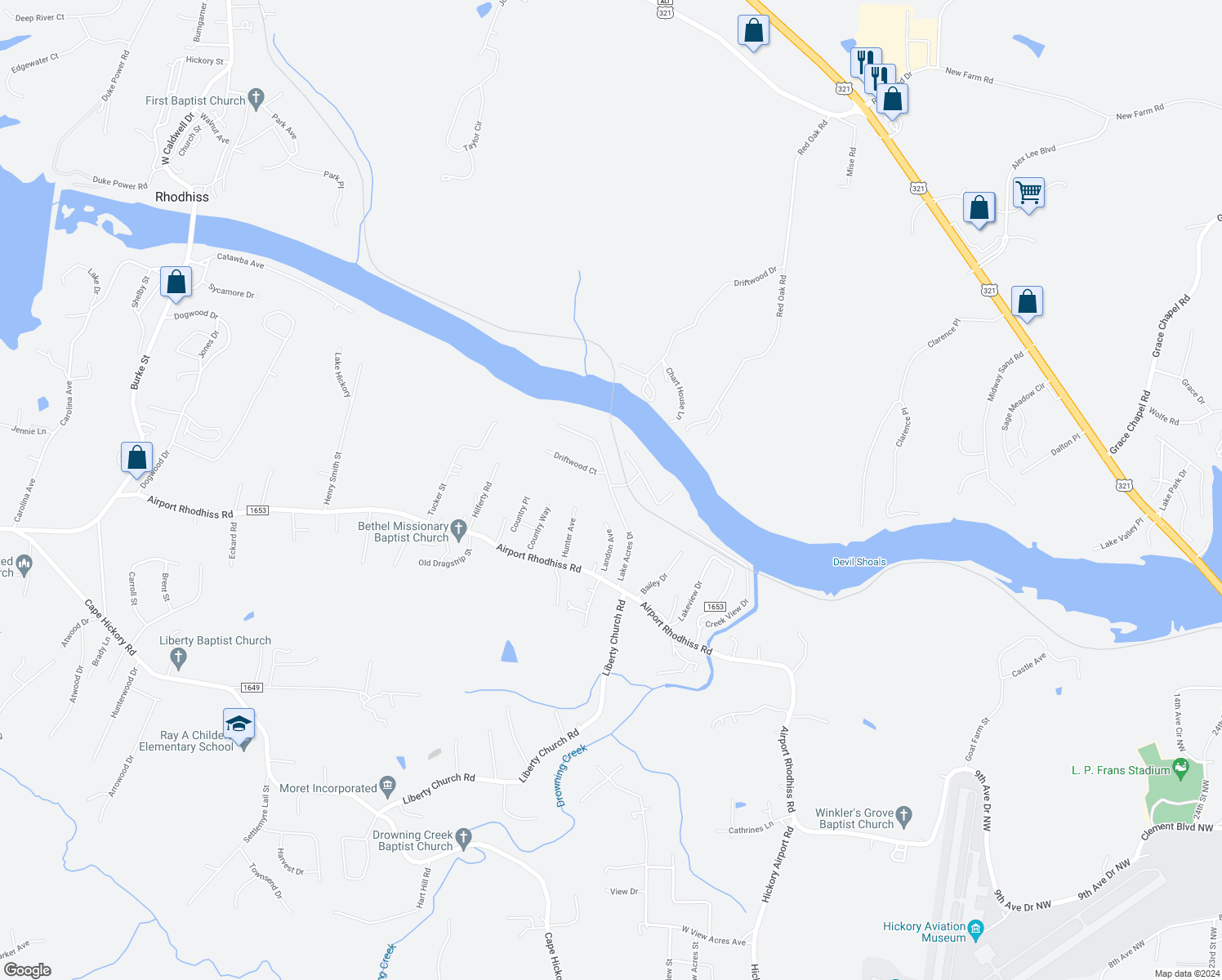 map of restaurants, bars, coffee shops, grocery stores, and more near 2069 Lake Acres Drive in Hickory