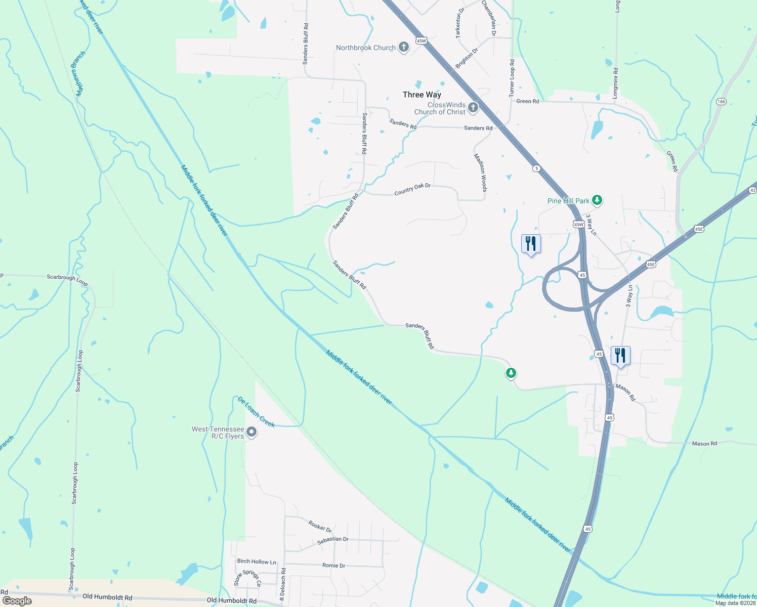 map of restaurants, bars, coffee shops, grocery stores, and more near 298 Sanders Bluff Rd in Three Way