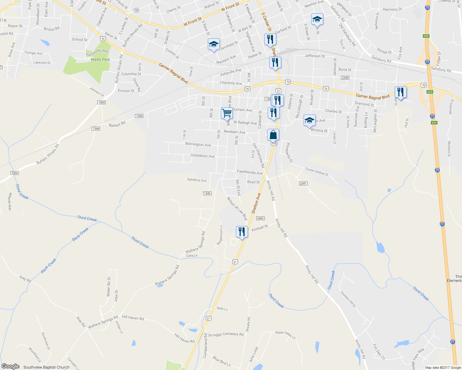 map of restaurants, bars, coffee shops, grocery stores, and more near 520 Hickory Avenue in Statesville