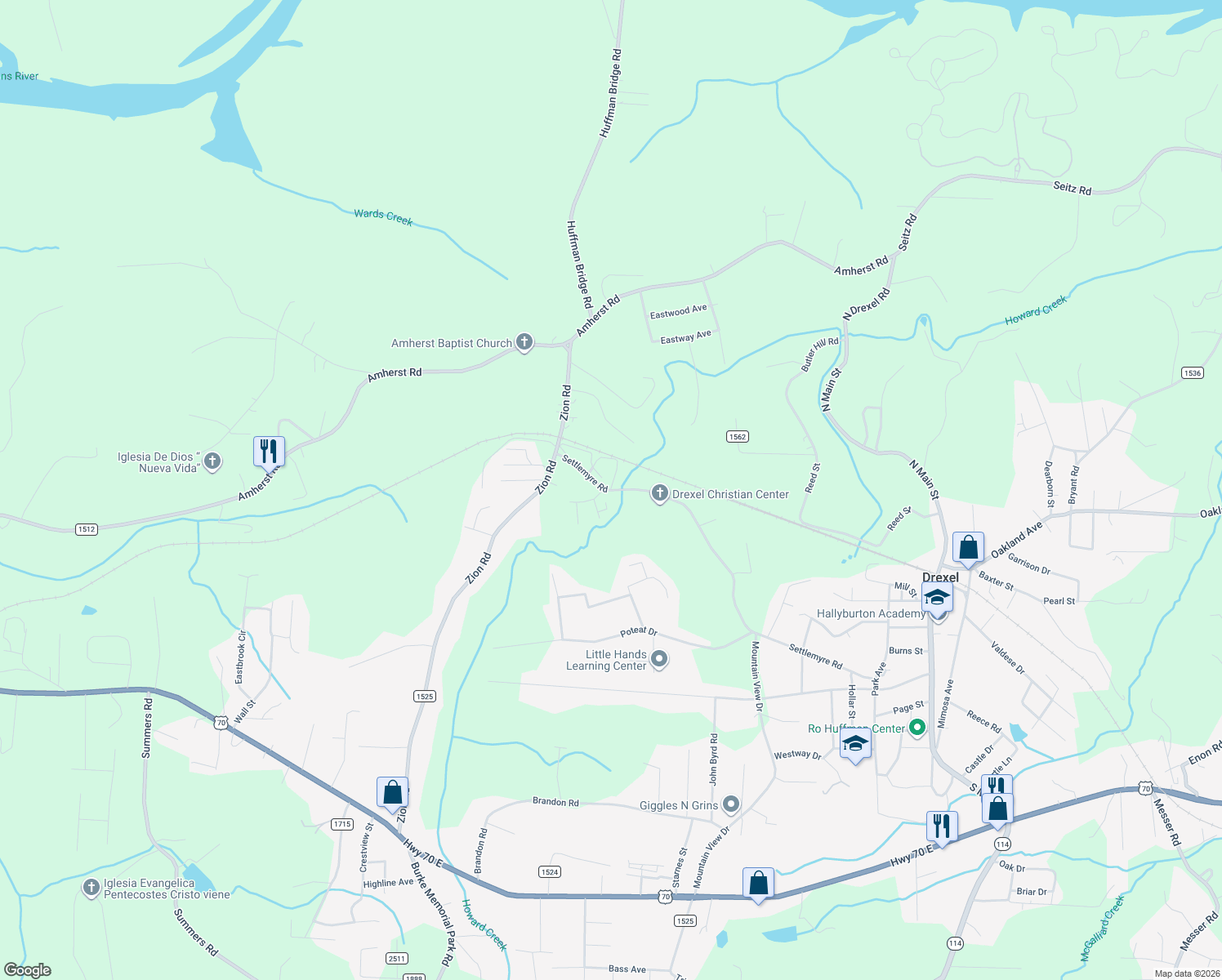 map of restaurants, bars, coffee shops, grocery stores, and more near 215 Settlemyre Road in Morganton