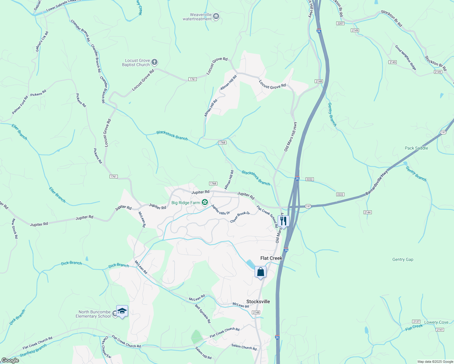 map of restaurants, bars, coffee shops, grocery stores, and more near 10 Allman Hill Road in Weaverville