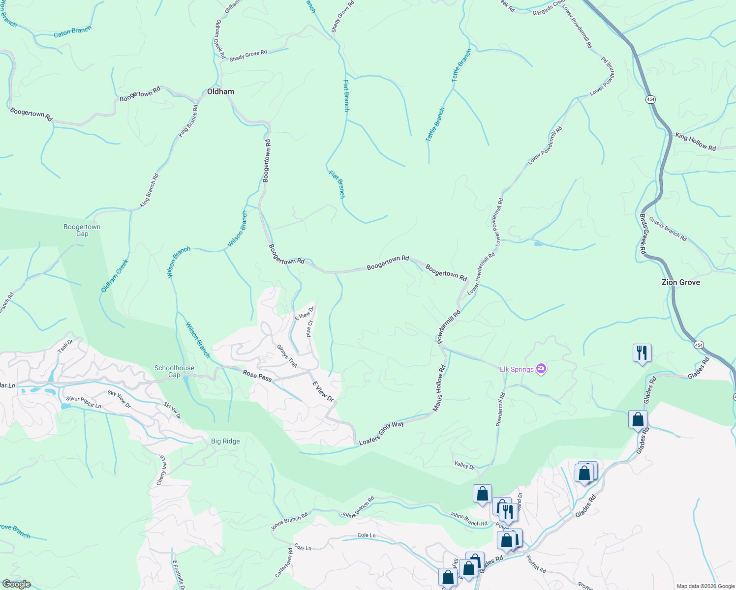 map of restaurants, bars, coffee shops, grocery stores, and more near 4270 Boogertown Road in Sevierville