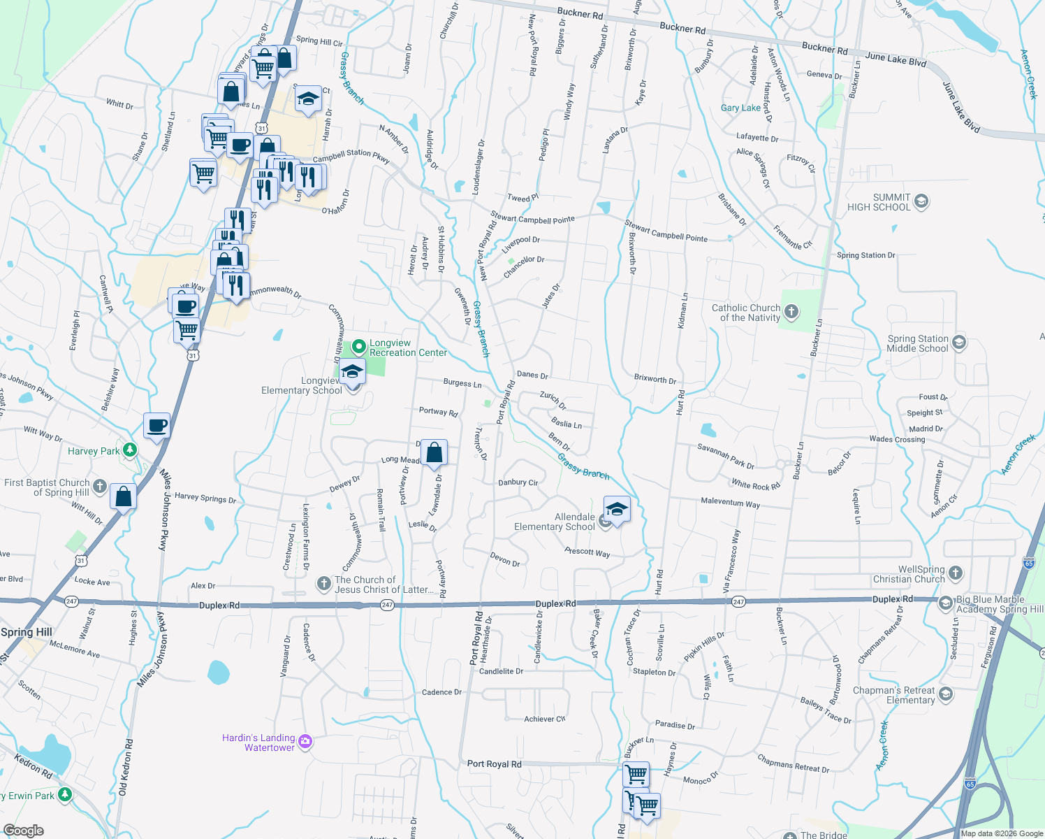map of restaurants, bars, coffee shops, grocery stores, and more near 1413 Bern Dr in Spring Hill