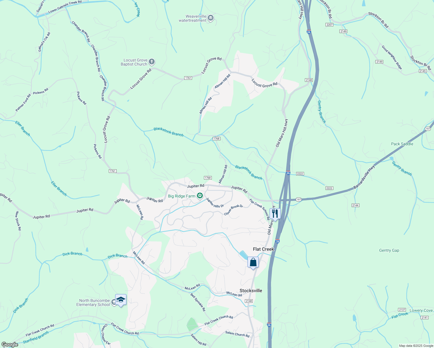 map of restaurants, bars, coffee shops, grocery stores, and more near 10 Allman Hill Road in Weaverville