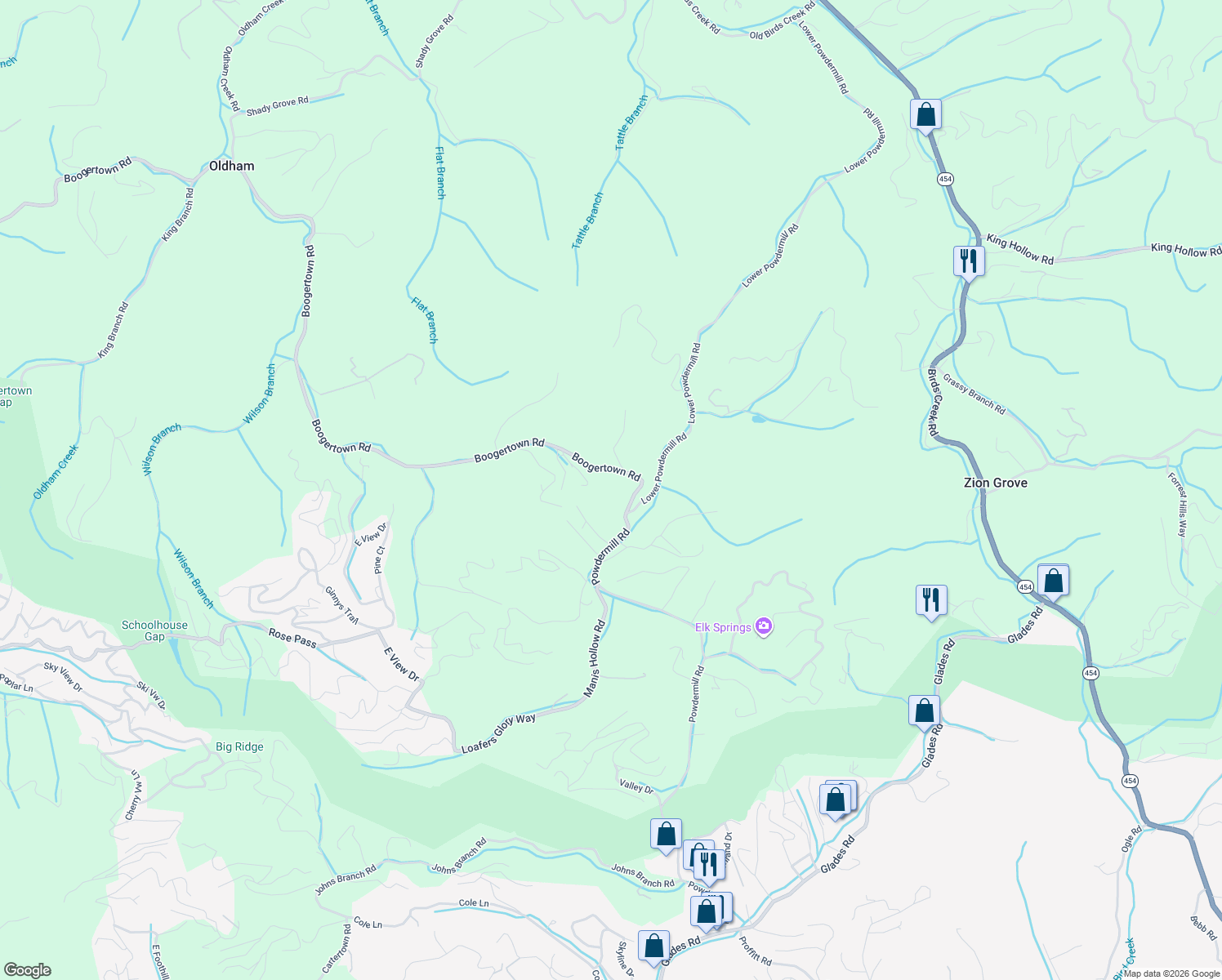 map of restaurants, bars, coffee shops, grocery stores, and more near 4372 Boogertown Road in Pigeon Forge