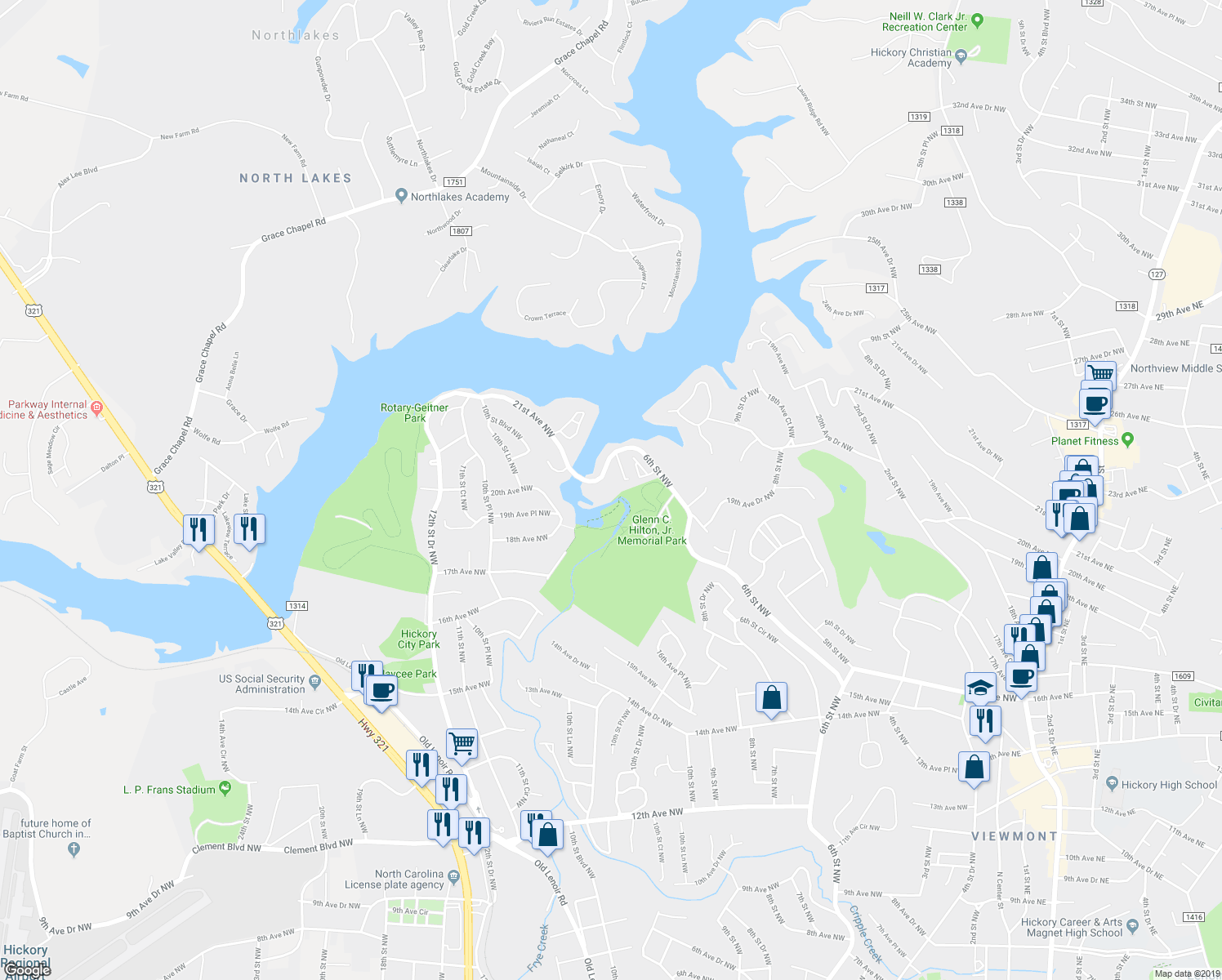 map of restaurants, bars, coffee shops, grocery stores, and more near 2239 6th St NW in Hickory