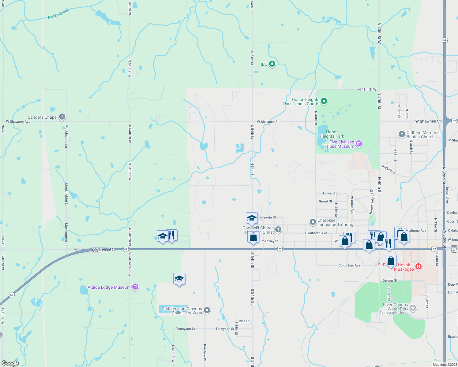 map of restaurants, bars, coffee shops, grocery stores, and more near 5520 Rolling Oaks Drive in Muskogee