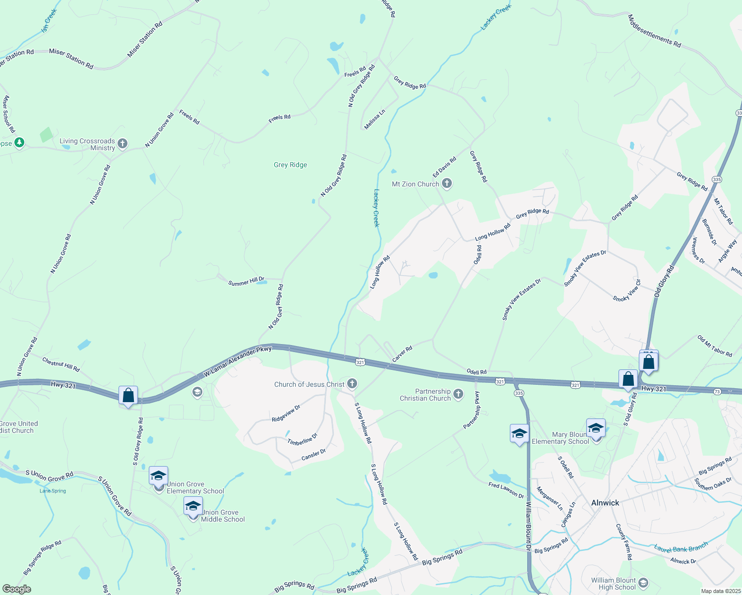 map of restaurants, bars, coffee shops, grocery stores, and more near 491 Long Hollow Road in Maryville