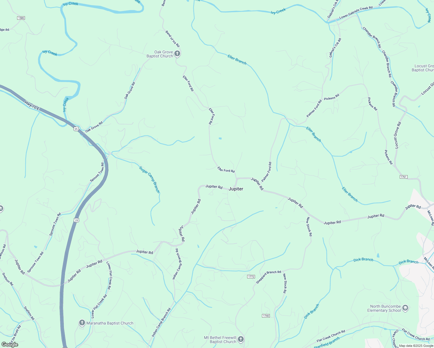 map of restaurants, bars, coffee shops, grocery stores, and more near 40 Eller Ford Road in Weaverville