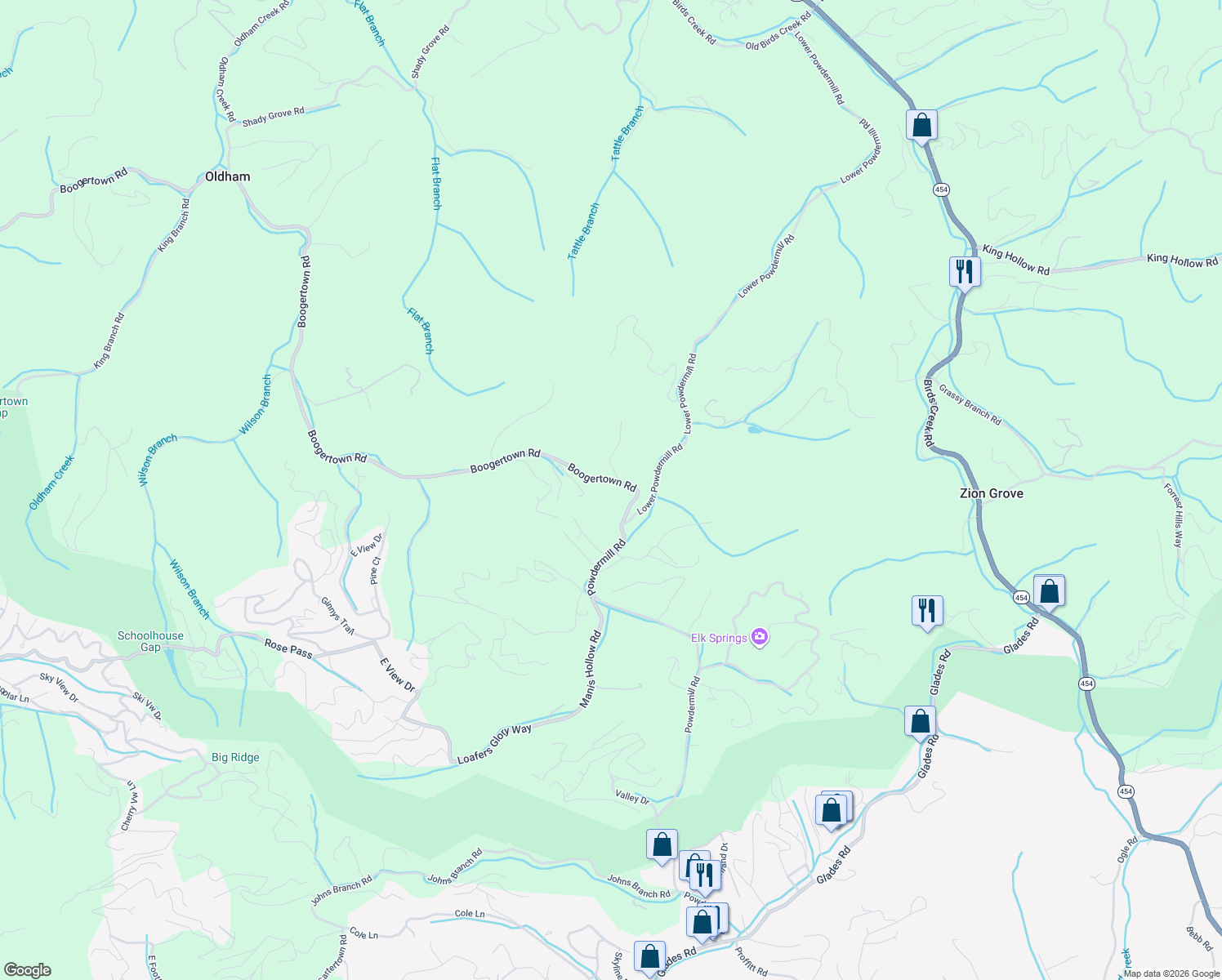 map of restaurants, bars, coffee shops, grocery stores, and more near 4372 Boogertown Road in Pigeon Forge