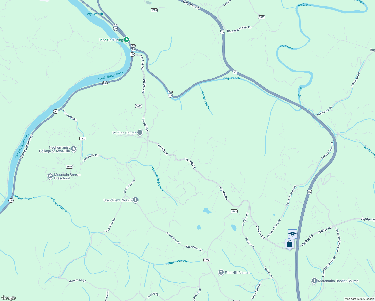 map of restaurants, bars, coffee shops, grocery stores, and more near 1253 Ivy Hill Road in Marshall