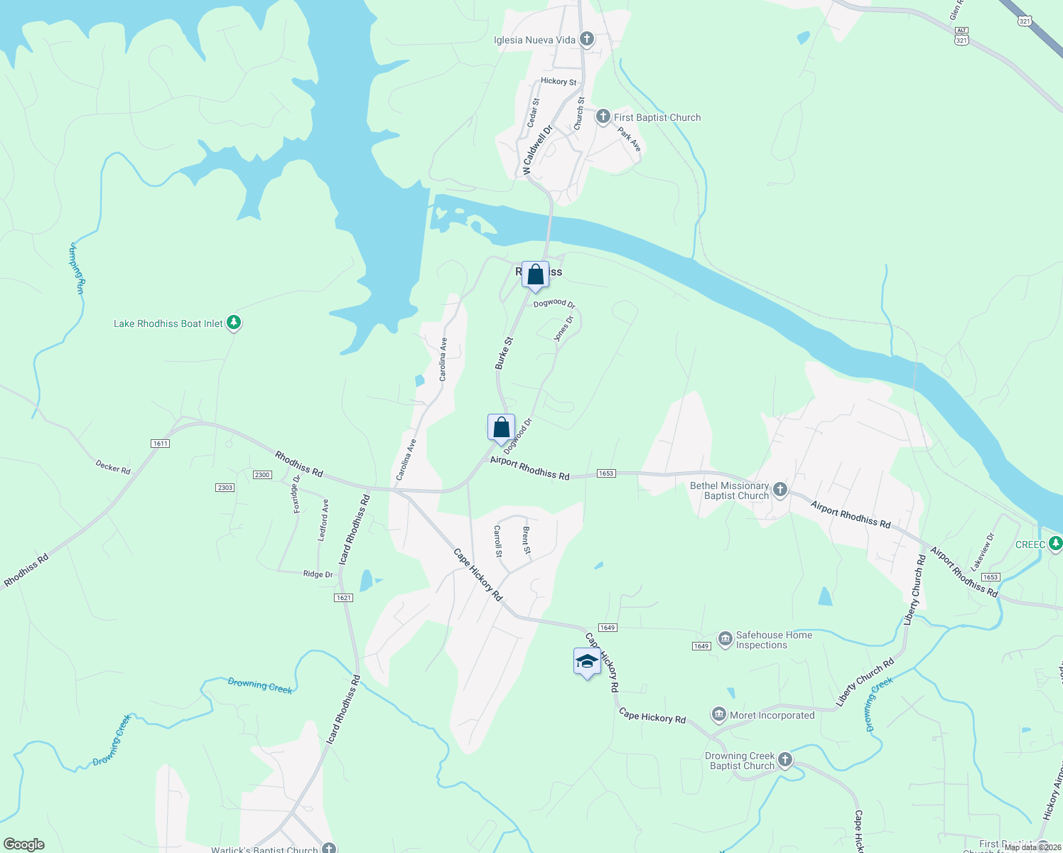 map of restaurants, bars, coffee shops, grocery stores, and more near 413 Dogwood Dr in Hickory