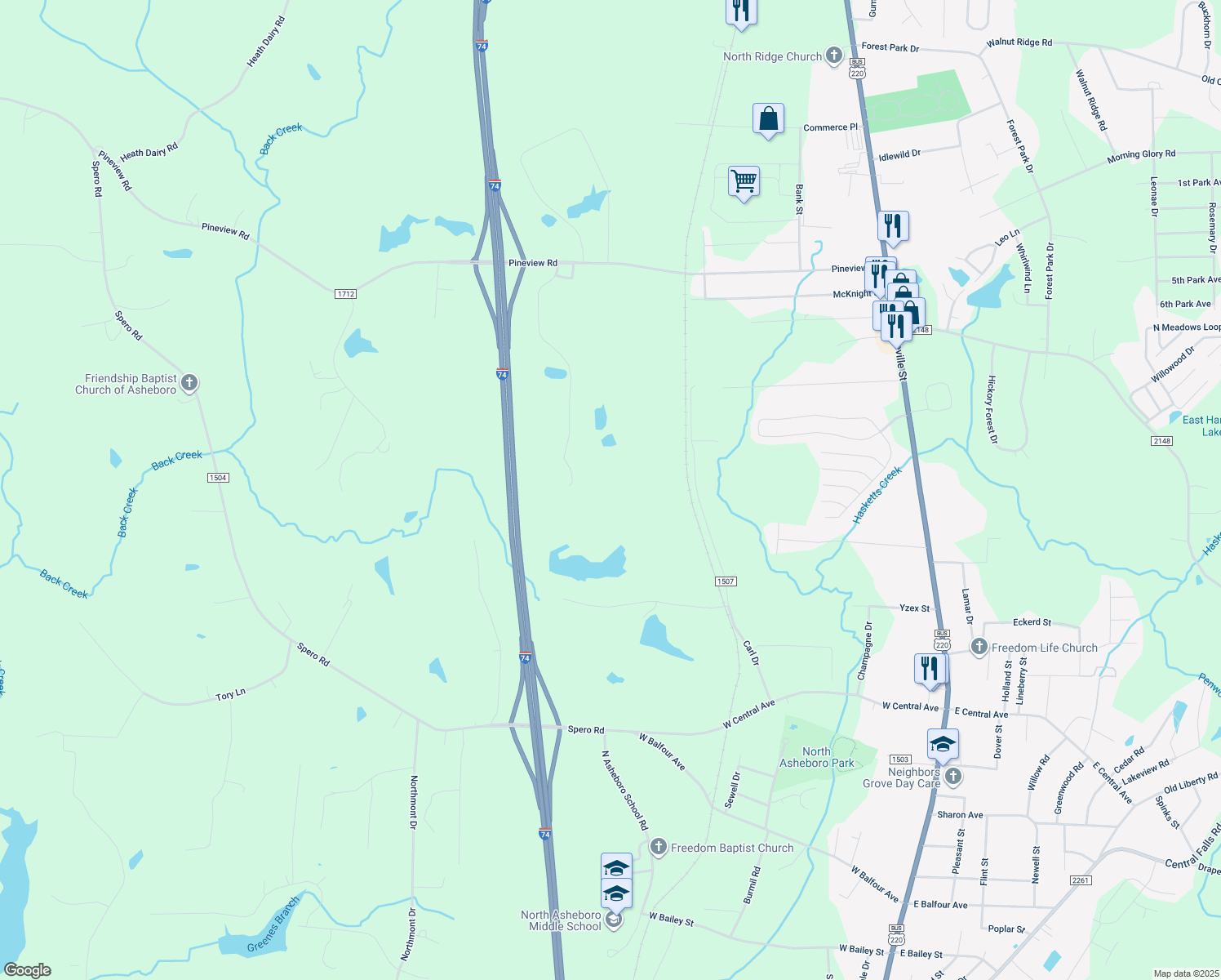 map of restaurants, bars, coffee shops, grocery stores, and more near 2757 Hopewood Road in Randleman