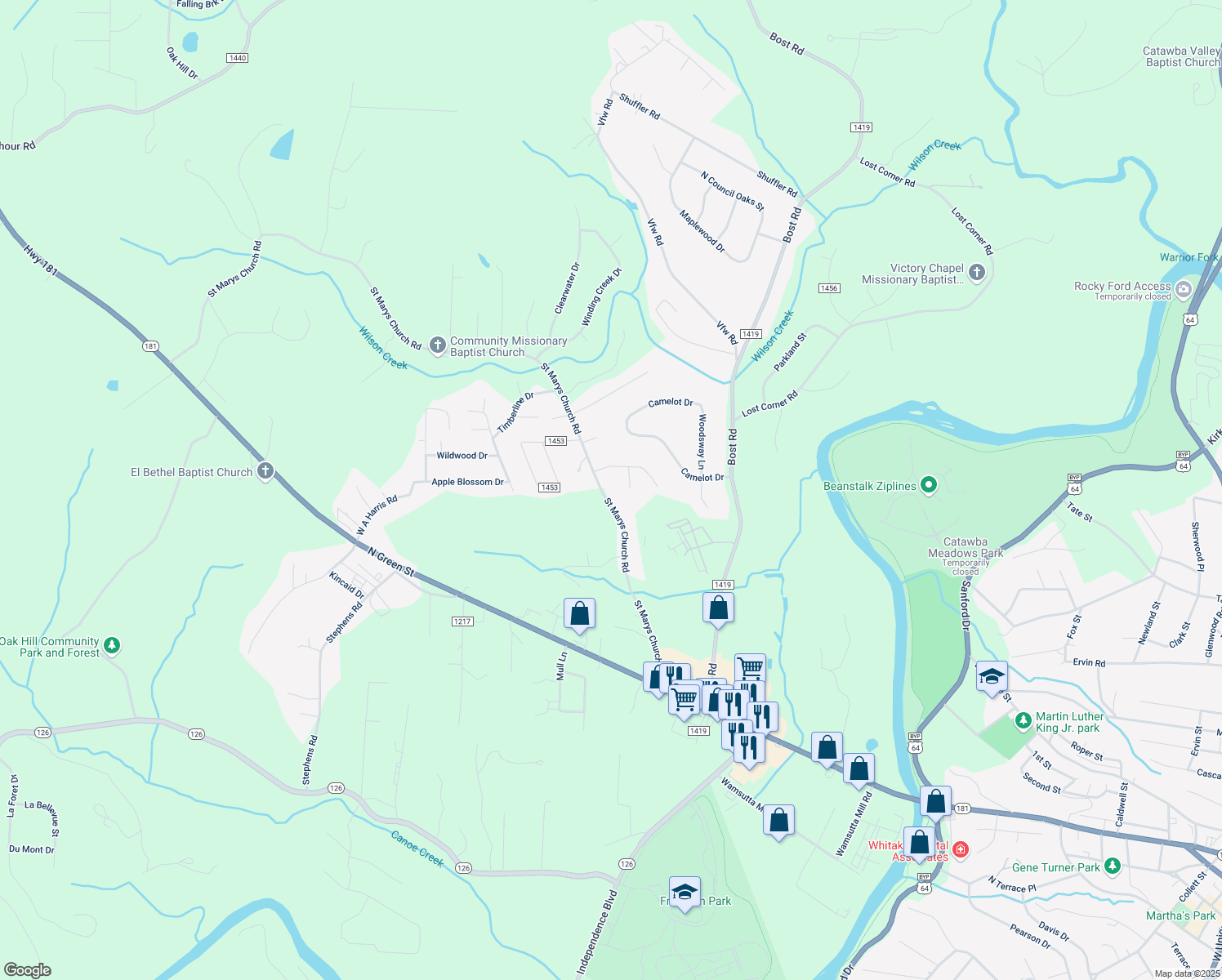 map of restaurants, bars, coffee shops, grocery stores, and more near 162 Saint Marys Church Road in Morganton